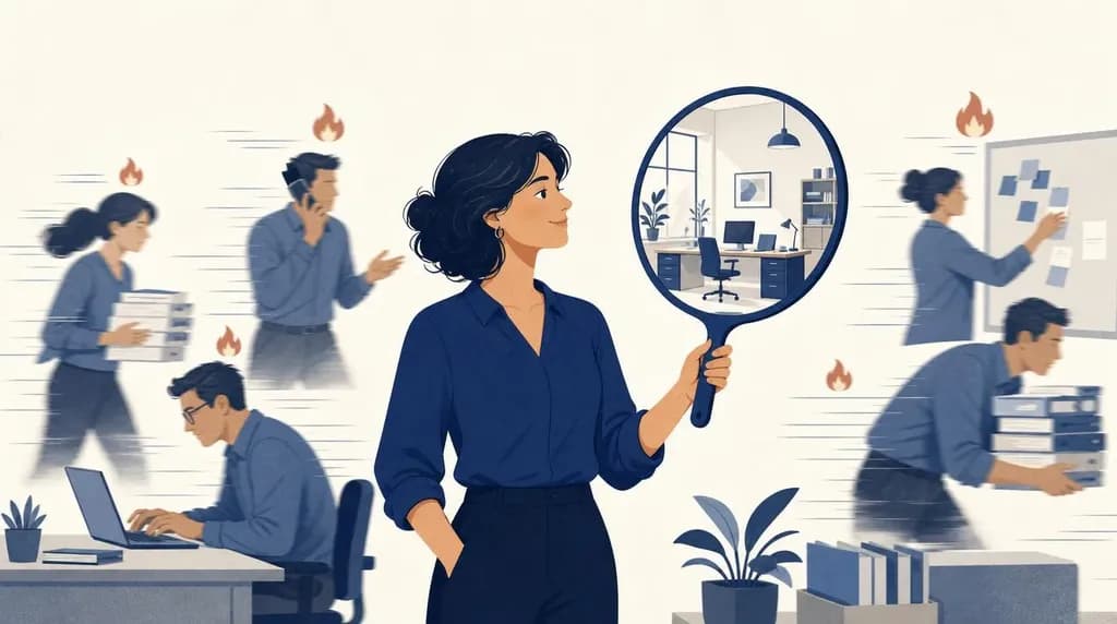 Illustratie: een zaakvoerder staat rustig in het midden van een druk kantoor en houdt een handspiegel voor die een opgeruimd, ordelijk bureau weerspiegelt. Rond haar rennen collega's gehaast rond met kleine vlammetjes boven hun hoofd, terwijl zij de rust ziet die mogelijk is.