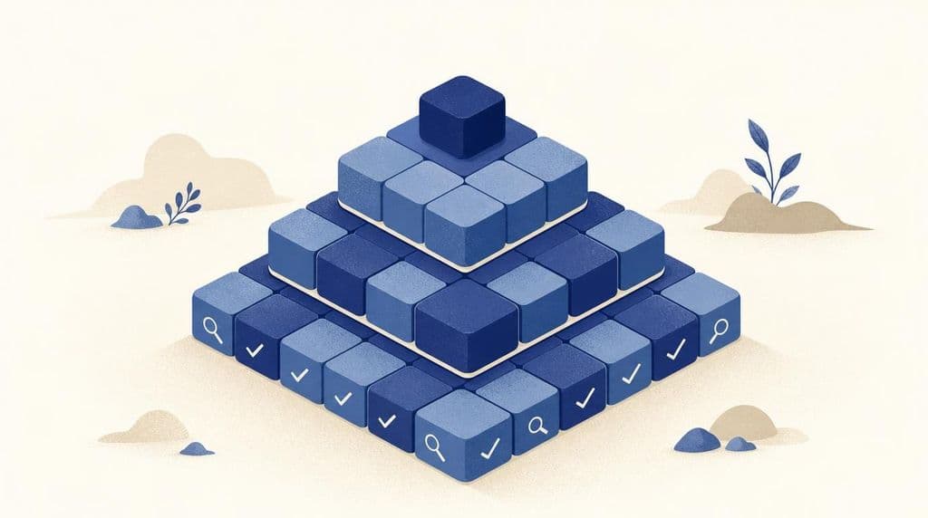 Flat isometrische illustratie in de Make IT So-huisstijl van een driedelige piramide van gestapelde blokken: een brede basis met veel kleine blokken die vinkjes en vergrootglazen tonen, versmallend naar één blok bovenaan, in indigo en steel-blauw op een warme zandkleurige achtergrond.