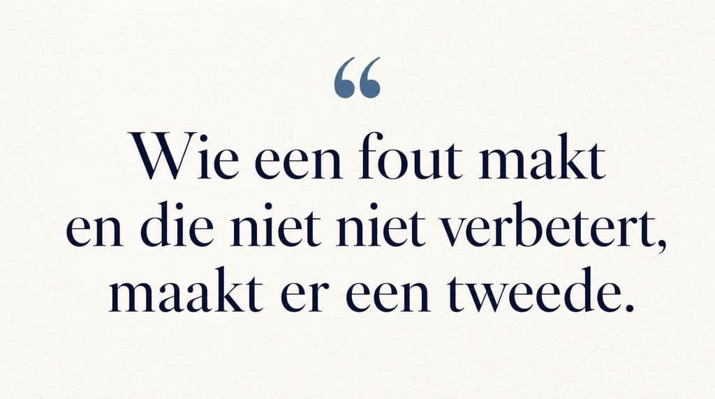Een quote-kaart in de Make IT So-huisstijl met de spreuk 'Wie een fout maakt en die niet verbetert, maakt er een tweede'. In het beeld staan bewust twee spelfouten als blikvanger.