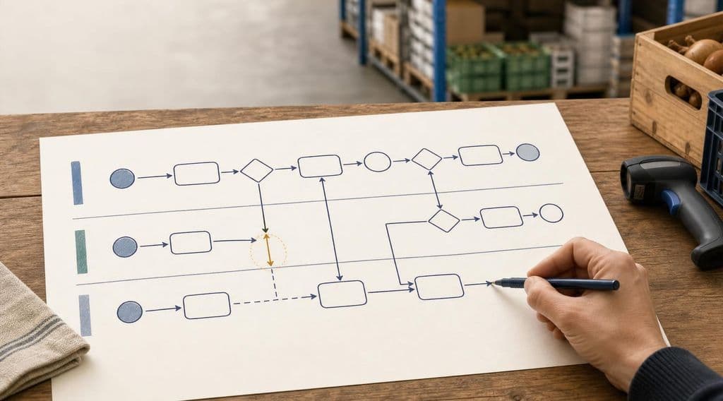 Een hand tekent een procesflow met drie swimlanes op een groot vel papier, op een houten tafel in een magazijn van een voedingsbedrijf. Een oranje markering licht een overdracht tussen twee lanes uit; naast het papier ligt een handscanner.