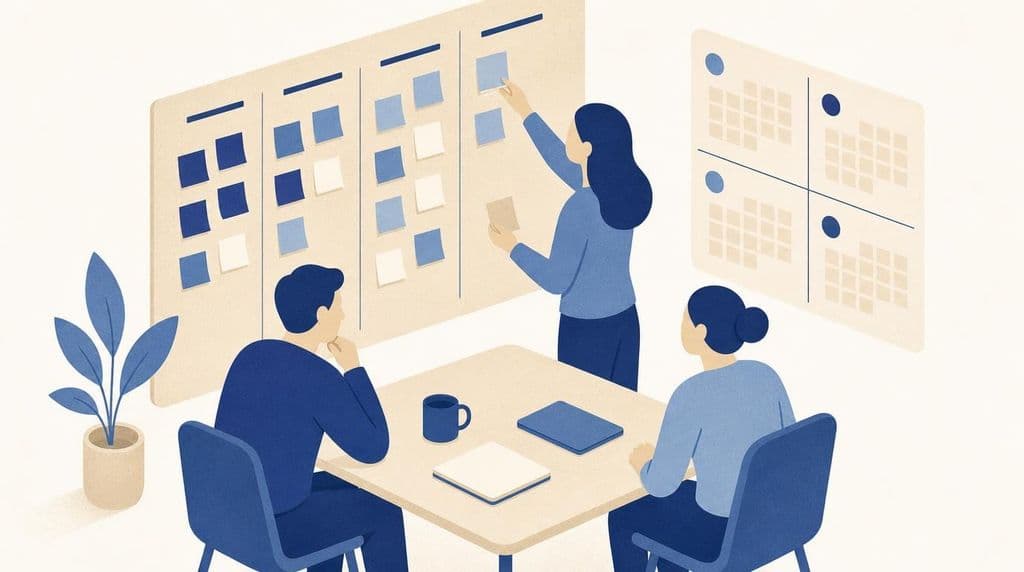 Flat illustratie in de Make IT So-huisstijl van drie mensen rond een tafel; één persoon hangt notities op een bord vol post-its in kolommen, met een in vier kwartalen verdeelde kalender ernaast, in indigo en steel-blauw op een warme zandkleurige achtergrond.