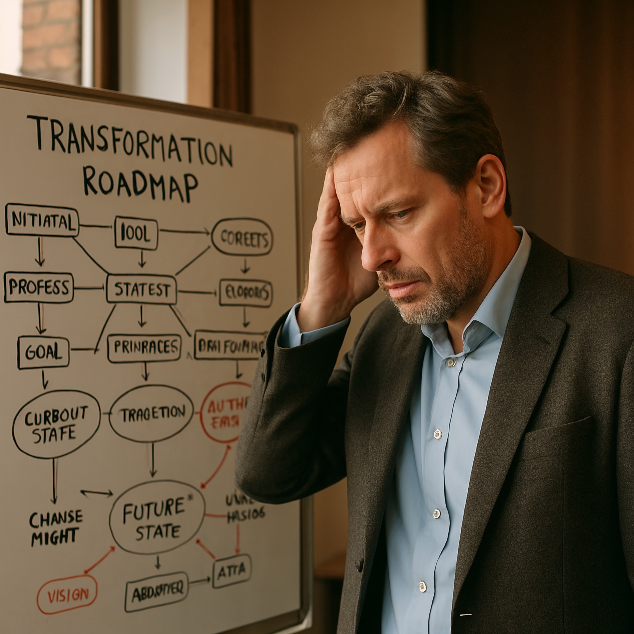 gefrustreerde zakenman kijkt naar complexe roadmap whiteboard