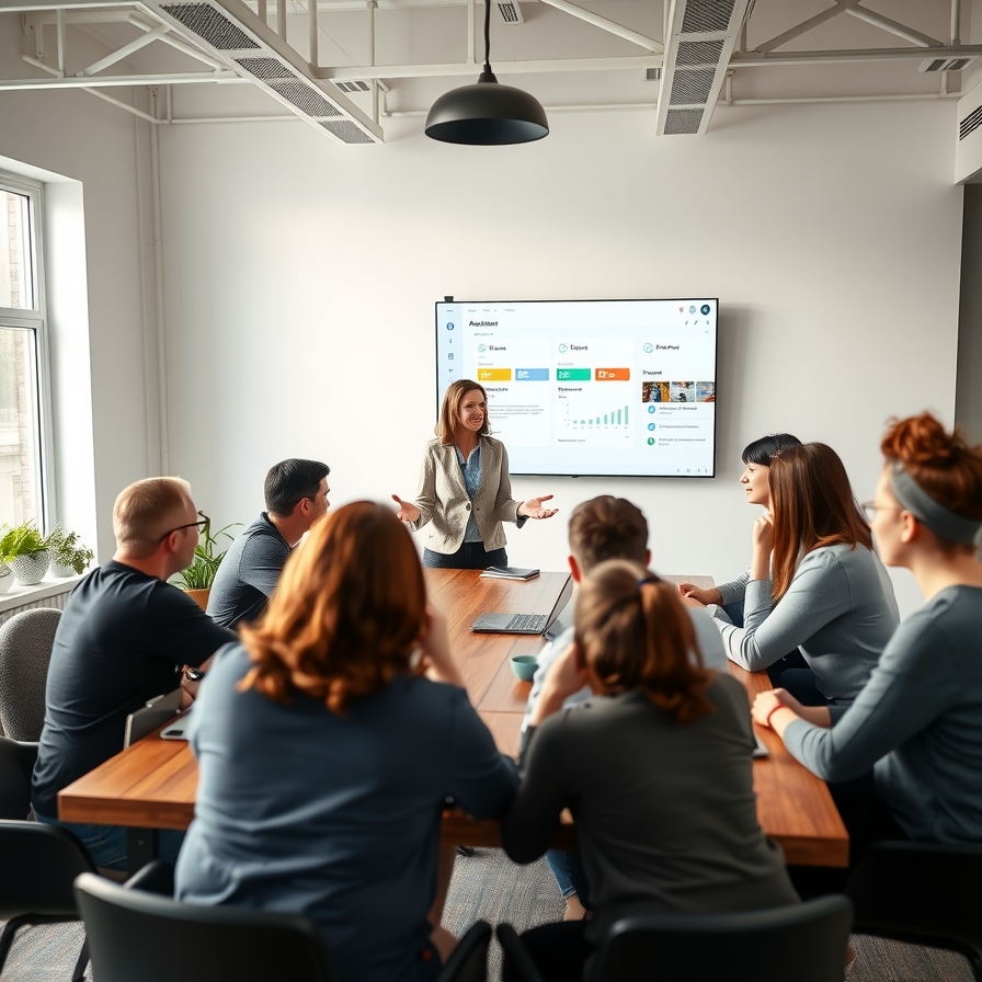 Team meeting waar medewerkers samen kijken naar nieuw systeem, met coach die uitlegt