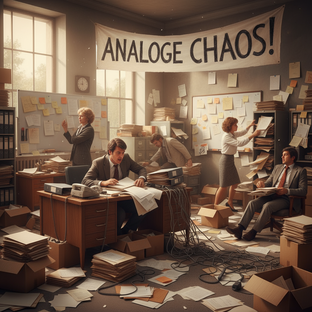 Vergelijking tussen chaos en georganiseerde workflow, before en after digitalisering