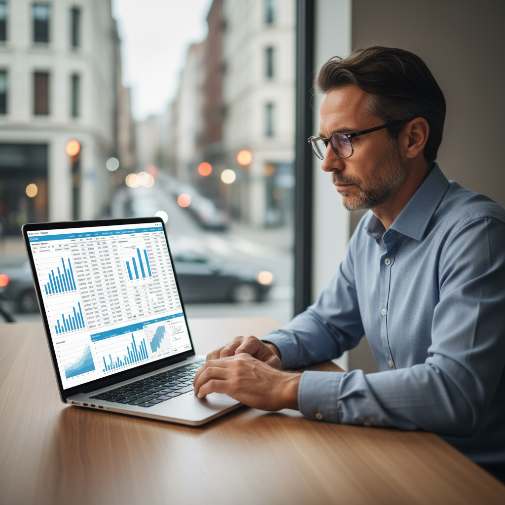 KMO eigenaar analyseert budget voor digitale transformatie op laptop