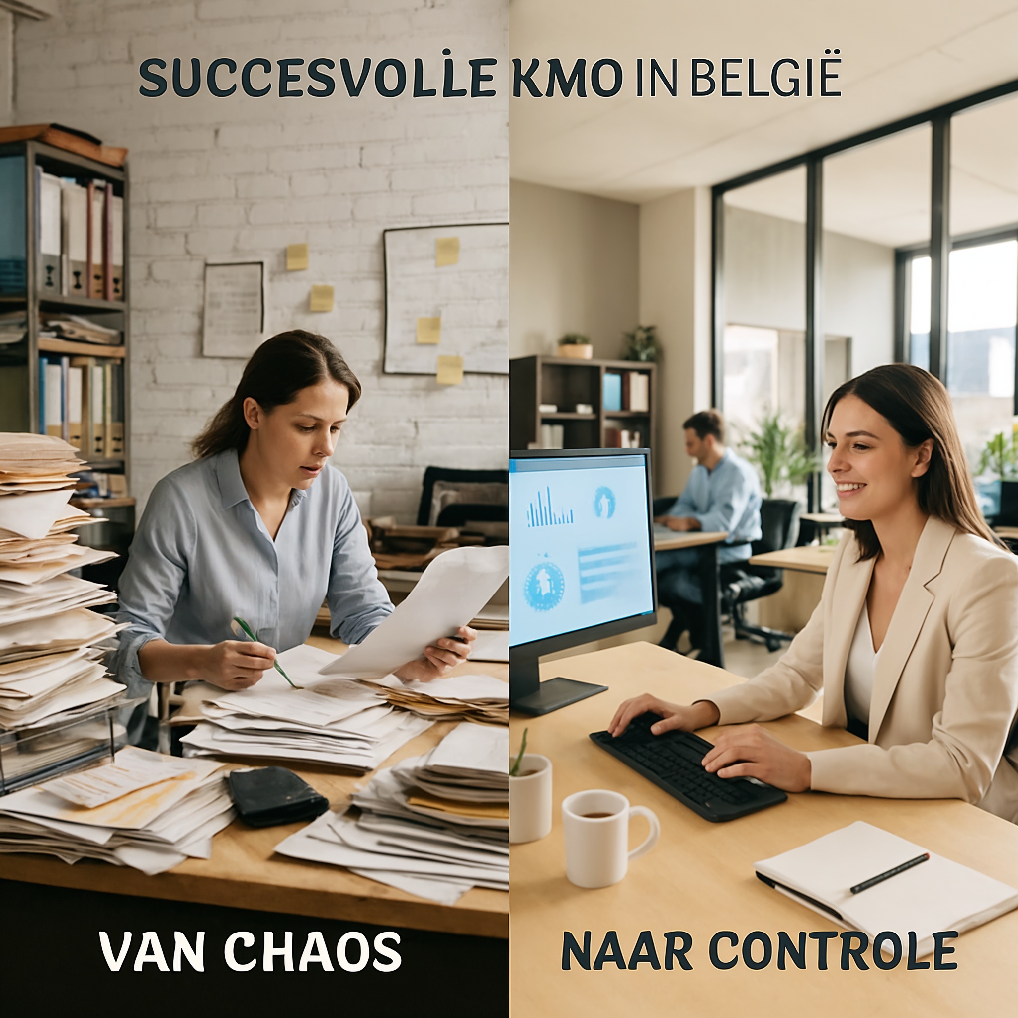 Succesvol gedigitaliseerd KMO kantoor met moderne werkplekken en tevreden medewerkers