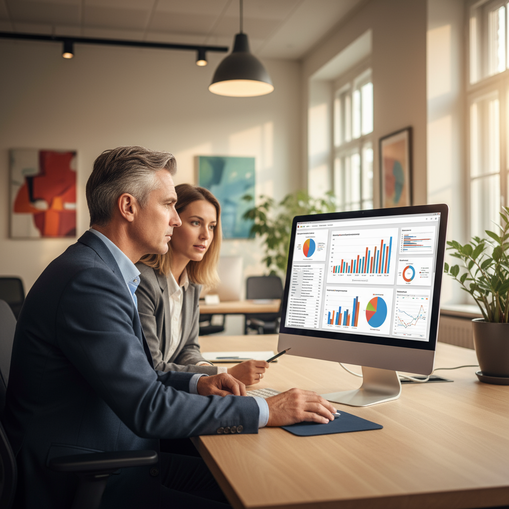 KMO eigenaar bekijkt financiële dashboard op computer in modern Belgisch kantoor