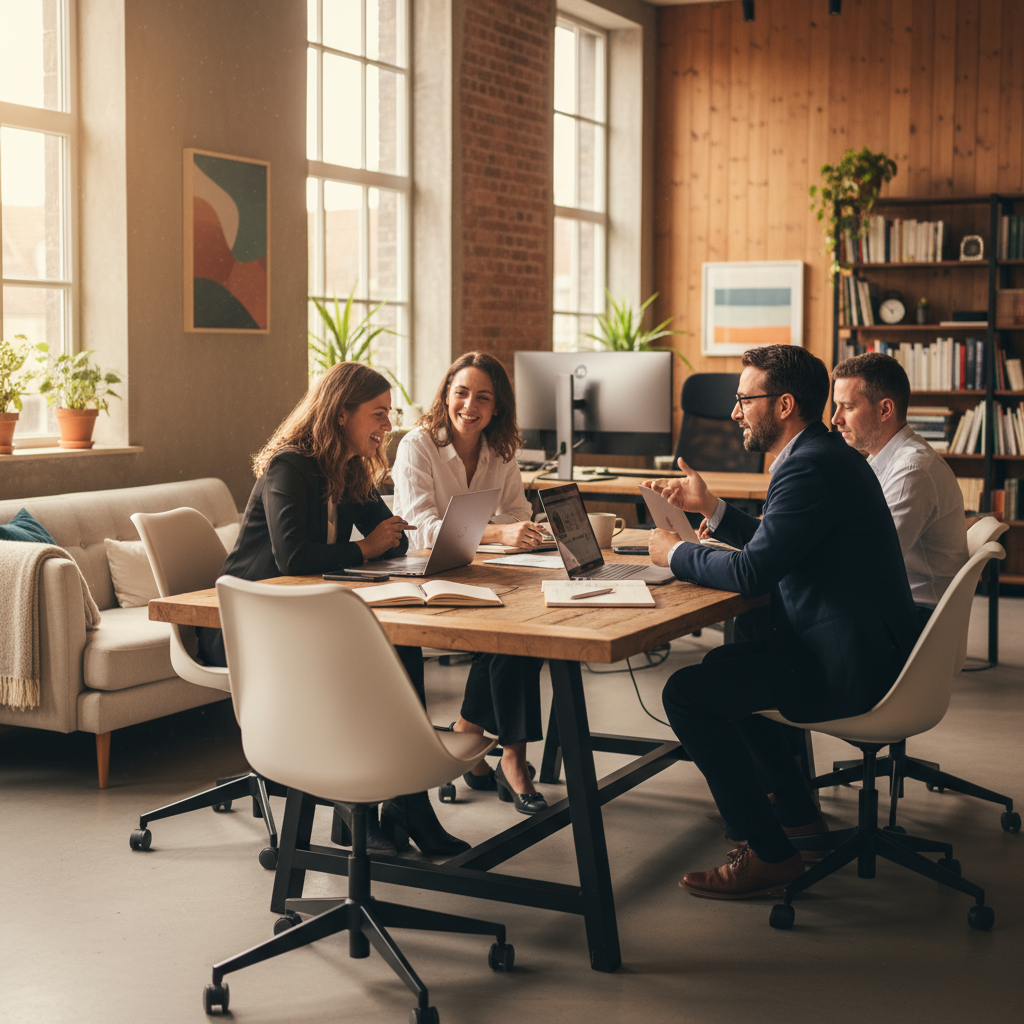Team van KMO-medewerkers werkt samen aan digitaal project in moderne werkruimte