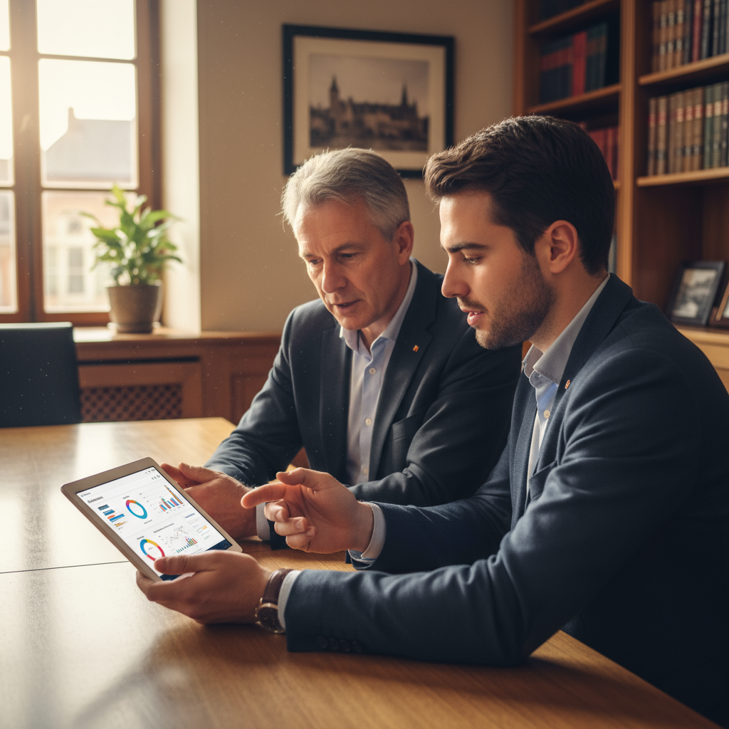 Vader en zoon bespreken bedrijfsresultaten via dashboard op tablet in familiebedrijf