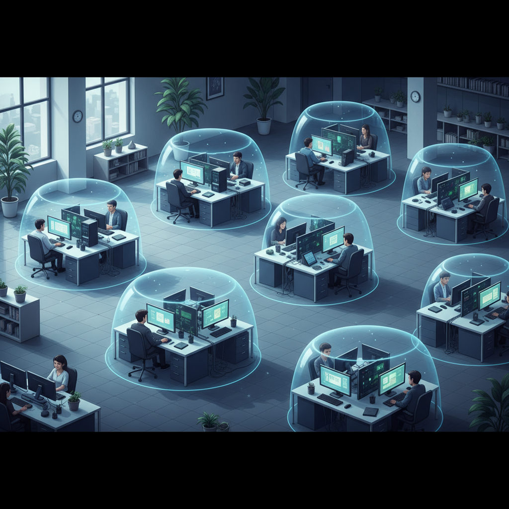 Kantoor met verschillende computersystemen die niet verbonden zijn