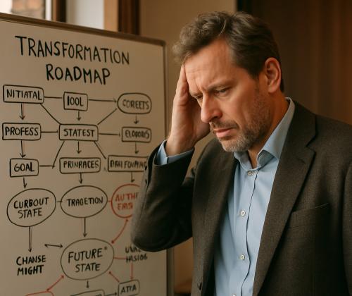 gefrustreerde zakenman kijkt naar complexe roadmap whiteboard